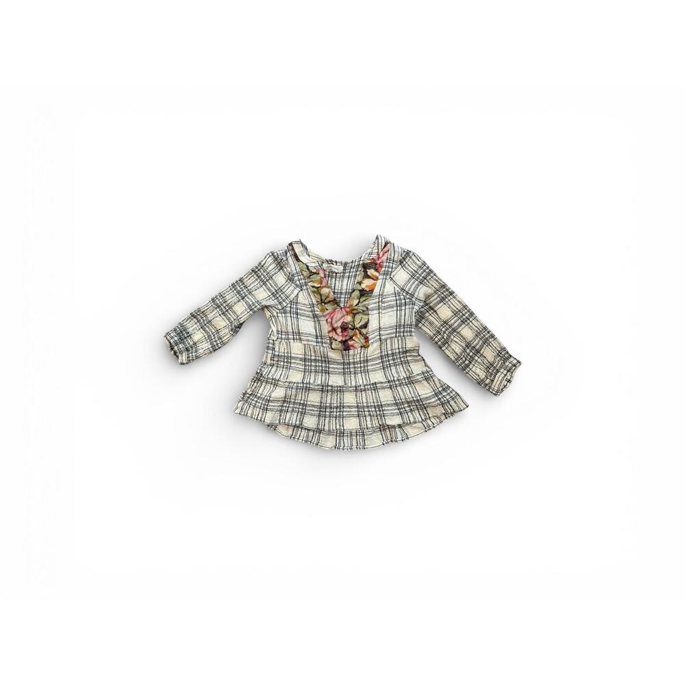 Anthropologie Womens Medium Plaid Textured Top Floral Back Detail Boho Blouse